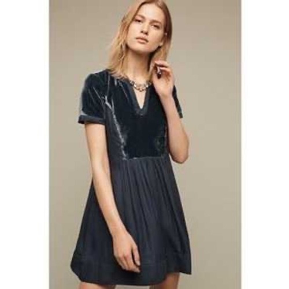 Anthropologie Maeve Ingrid Velvet Swing Tunic Dress Teal NavyBlue MP Petite Boho
